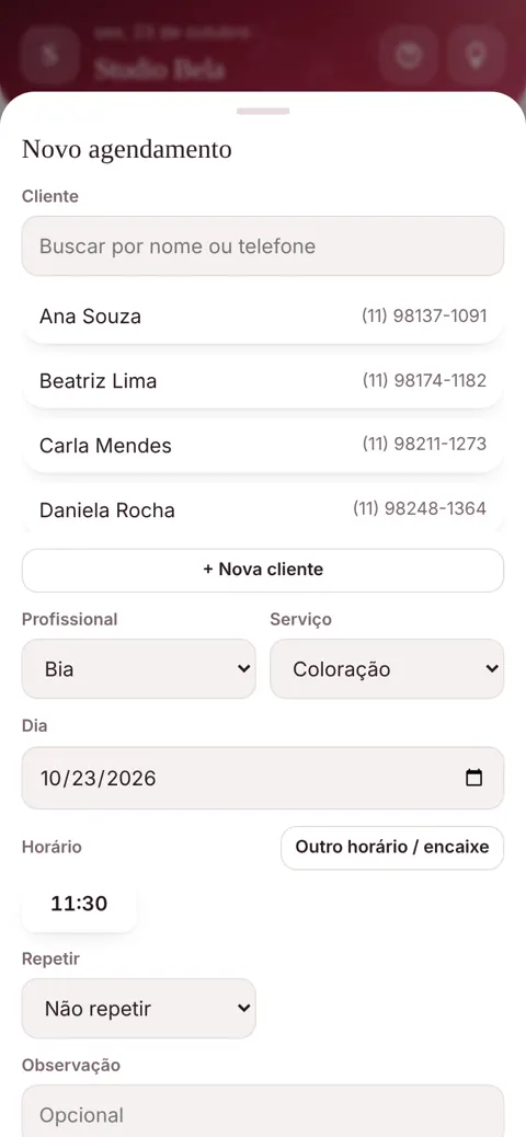 Novo agendamento: cliente, serviço e horário