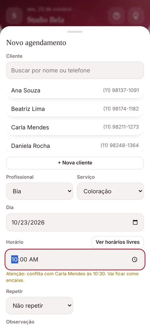Encaixe fora dos horários livres, com aviso quando bate com outro atendimento