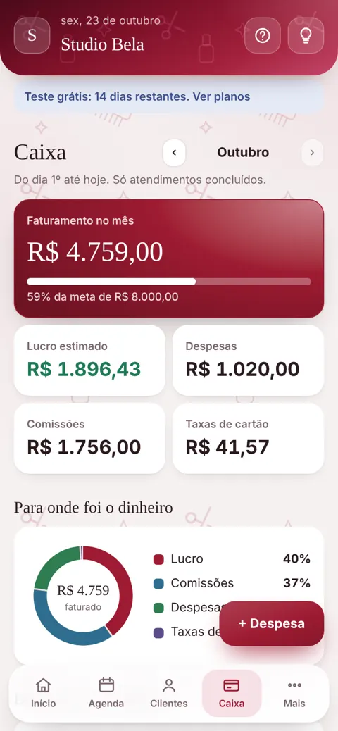 O caixa do mês: faturamento, lucro estimado, despesas e comissões