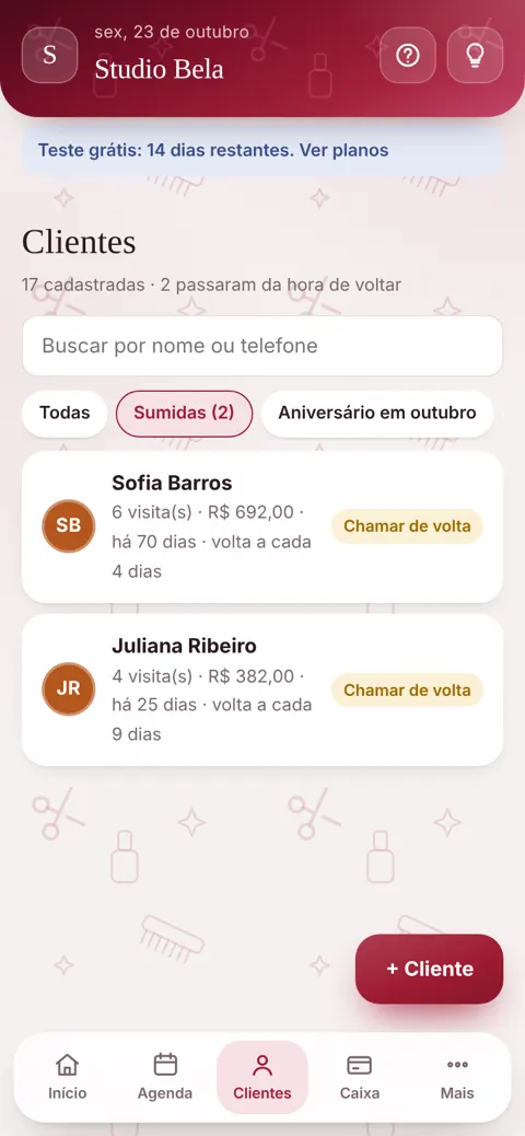 Quem sumiu, com botão para chamar de volta
