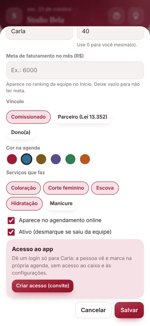 Acesso por profissional: ela vê a agenda, não o caixa