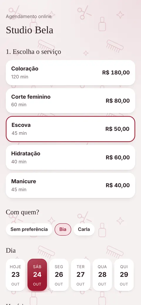 2. Escolhe a profissional, o dia e o horário livre