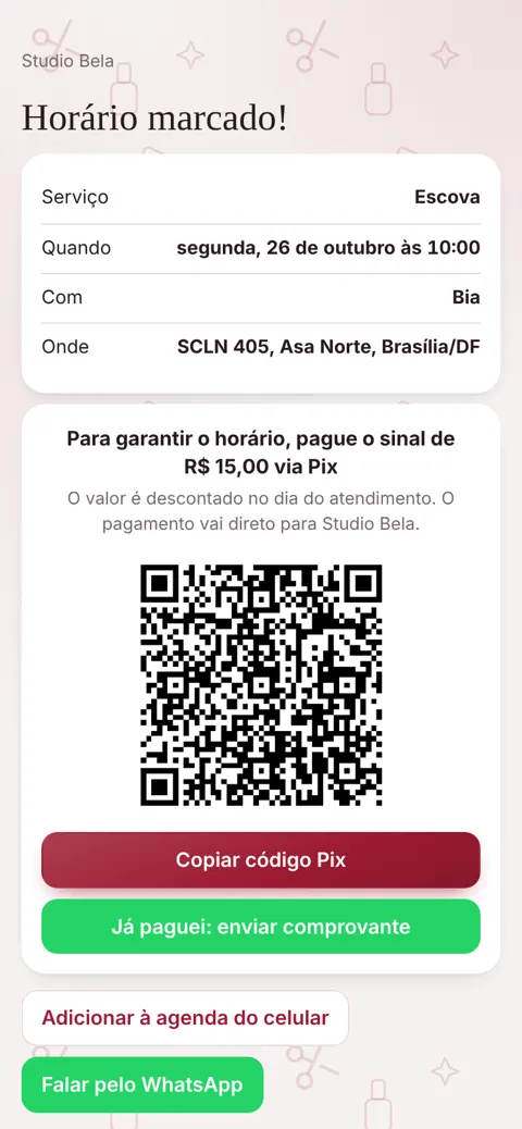 Sinal no Pix, com QR Code, ao confirmar o horário