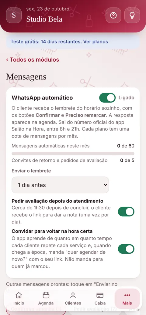 Mensagens automáticas: lembrete, avaliação e convite para voltar, cada um com liga e desliga